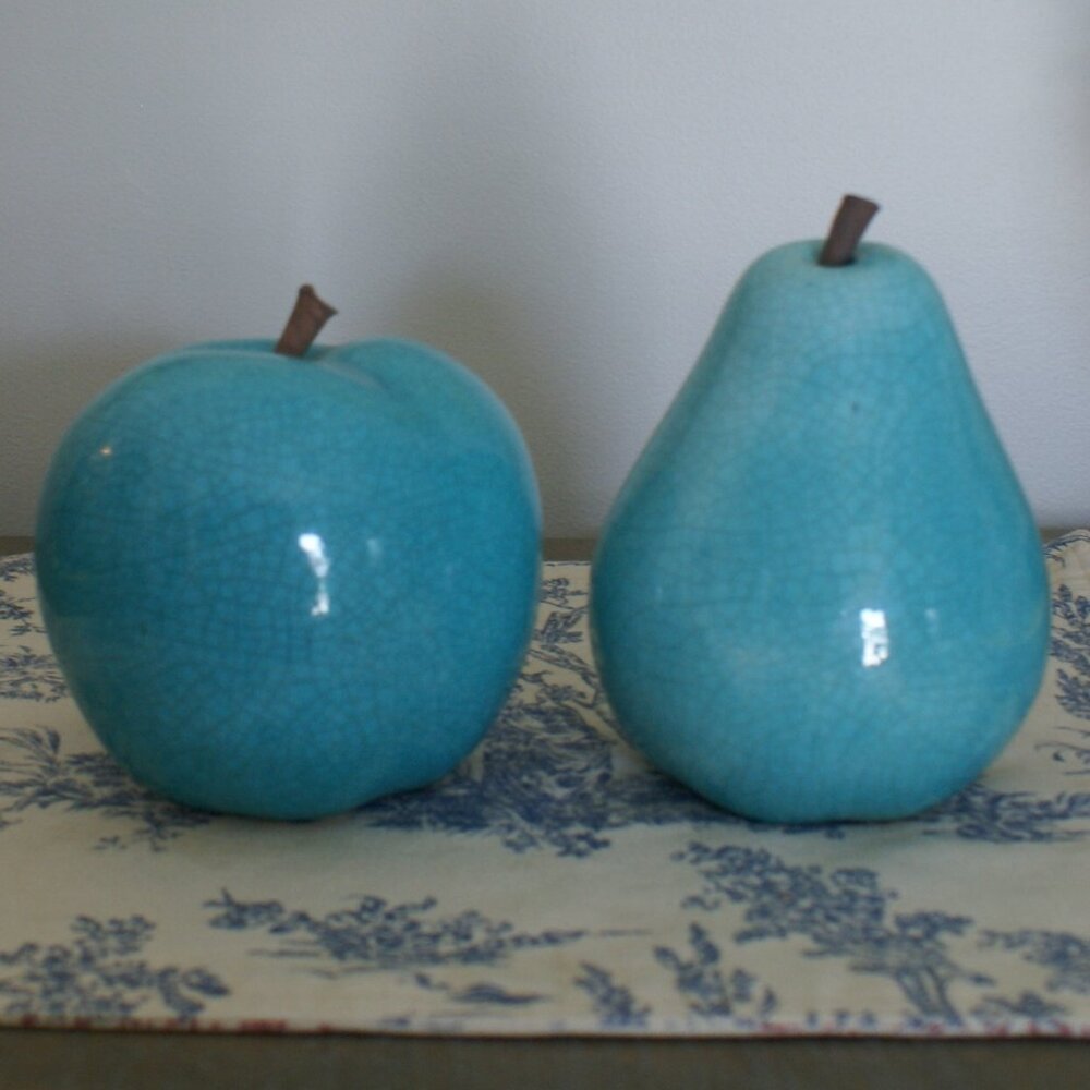 Pair of ceramic apple and pear glazed turquoise large figurines faux fruit home